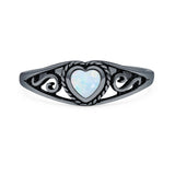 Lab Created White Opal Heart Ring Oxidized 925 Sterling Silver