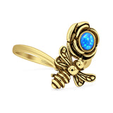 Lab Created Blue Opal Bee Flower Ring Oxidized 925 Sterling Silver