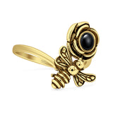 Lab Created Black Onyx Bee Flower Ring Oxidized 925 Sterling Silver