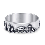 Minimalist 6mm Trees & Animal Cross Ring Oxidized Band 925 Sterling Silver