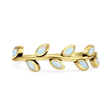 Minimalist 6mm Lab Created White Opal Leaf Band Oxidized Ring 925 Sterling Silver