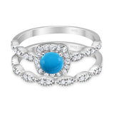Two Piece Round Genuine Natural Arizona Sleeping Beauty Turquoise Bridal Set Ring 925 Sterling Silver