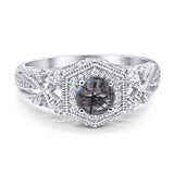 Round Natural Rutilated Quartz Filigree Halo Beaded Ring 925 Sterling Silver