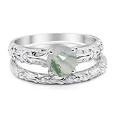 Two Piece Round Natural Green Moss Agate Filigree Ring 925 Sterling Silver