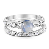 Two Piece Round Natural Moonstone Filigree Ring 925 Sterling Silver