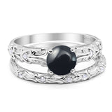 Two Piece Round Natural Black Onyx Filigree Ring 925 Sterling Silver