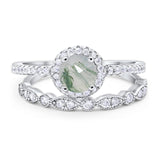 Two Piece Round Natural Green Moss Agate Bridal Ring 925 Sterling Silver