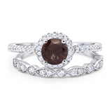 Two Piece Round Natural Chocolate Smoky Quartz Bridal Ring 925 Sterling Silver