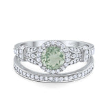 Art Deco Round Natural Green Amethyst Prasiolite Promise Two-Piece Ring 925 Sterling Silver