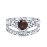 Art Deco Round Natural Chocolate Smoky Quartz Promise Two-Piece Ring 925 Sterling Silver