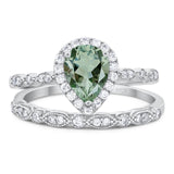 Two Piece Pear Teardrop Natural Green Amethyst Prasiolite Halo Bridal Ring 925 Sterling Silver