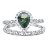 Two Piece Pear Teardrop Natural Green Moss Agate Halo Bridal Ring 925 Sterling Silver