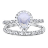 Two Piece Pear Teardrop Natural Moonstone Halo Bridal Ring 925 Sterling Silver