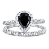 Two Piece Pear Teardrop Natural Black Onyx Halo Bridal Ring 925 Sterling Silver