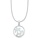 Lab Created White Opal Palm Tree Wave Pendant Snake Chain Necklace 925 Sterling Silver