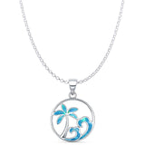 Lab Created Blue Opal Palm Tree Wave Pendant Rolo Chain Necklace 925 Sterling Silver