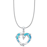 Lab Created Blue Opal & CZ Dolphin Heart Pendant Snake Chain Necklace 925 Sterling Silver