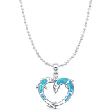 Lab Created Blue Opal & CZ Dolphin Heart Pendant Bead Chain Necklace 925 Sterling Silver