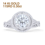 Round Halo Twisted Split Shank Diamond Gold Ring