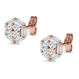 Hexagonal Stud Earring Baguette & Round Cubic Zirconia 925 Sterling Silver