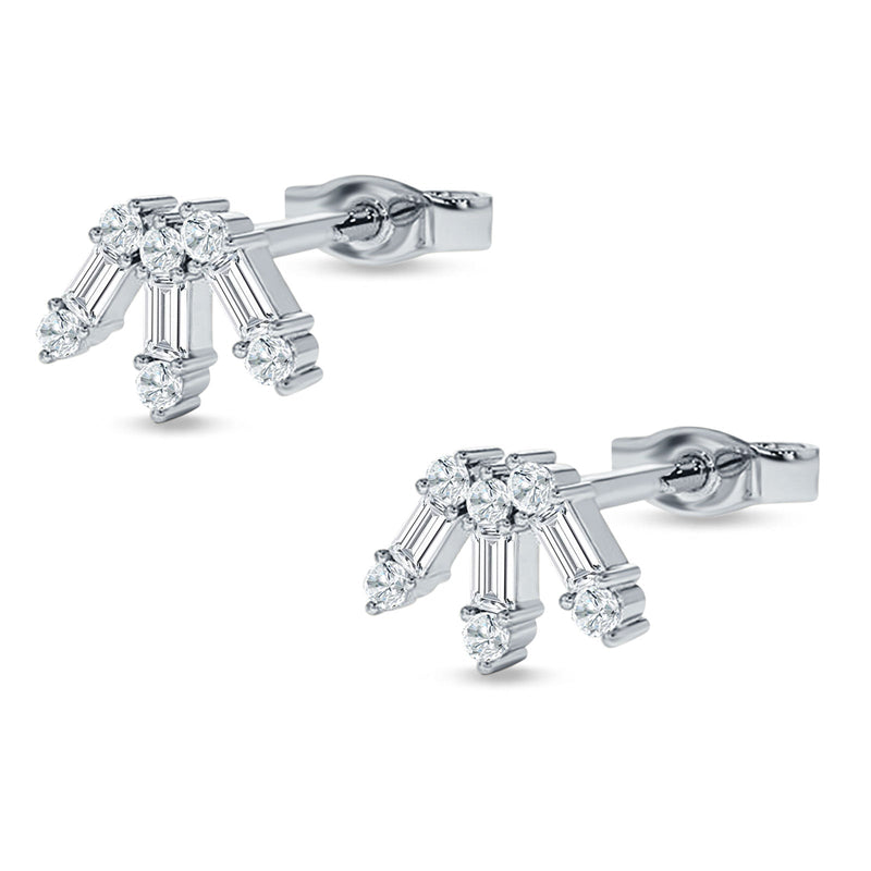 Floral Stud Earrings Baguette & Round Cubic Zirconia 925 Sterling Silver
