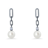 Round Cubic Zirconia & Pearl Paperclip Stud Earrings 925 Sterling Silver