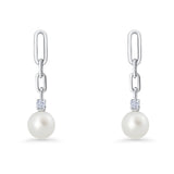 Round Cubic Zirconia & Pearl Paperclip Stud Earrings 925 Sterling Silver