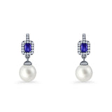 Emerald Cut Blue Cubic Zirconia & Pearl Charm Stud Earrings 925 Sterling Silver