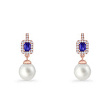 Emerald Cut Blue Cubic Zirconia & Pearl Charm Stud Earrings 925 Sterling Silver