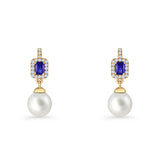Emerald Cut Blue Cubic Zirconia & Pearl Charm Stud Earrings 925 Sterling Silver