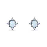 Floral Oval Stud Earring Lab Created White Opal  925 Sterling Silver