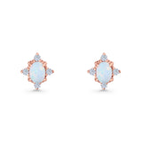 Floral Oval Stud Earring Lab Created White Opal  925 Sterling Silver