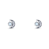 Moon & Star 8.4mm Stud Earring Lab Created White Opal 925 Sterling Silver
