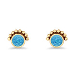 Round Solitaire Lab Created Opal Oxidized Stud Earring Beaded Design 925 Sterling Silver