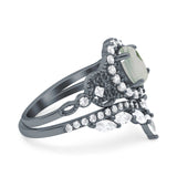 Oval Natural Stone Wedding Set Chevron Ring