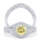 Two Piece Round Halo Split Shank Beaded Gold Ring