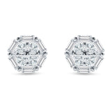Hexagonal Stud Earring Baguette & Round Cubic Zirconia 925 Sterling Silver
