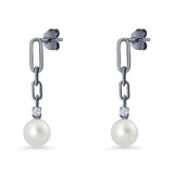 Round Cubic Zirconia & Pearl Paperclip Stud Earrings 925 Sterling Silver