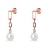 Round Cubic Zirconia & Pearl Paperclip Stud Earrings 925 Sterling Silver