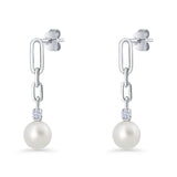 Round Cubic Zirconia & Pearl Paperclip Stud Earrings 925 Sterling Silver