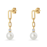 Round Cubic Zirconia & Pearl Paperclip Stud Earrings 925 Sterling Silver