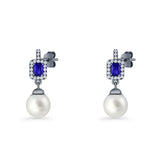 Emerald Cut Blue Cubic Zirconia & Pearl Charm Stud Earrings 925 Sterling Silver