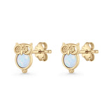 Round 9.7mm Lab Created Opal Owl Stud Earring 925 Sterling Silver