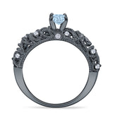 Art Deco 6.2mm Round Aquamarine CZ Beaded Filigree Ring 925 Sterling Silver