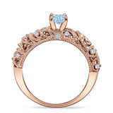 Art Deco 6.2mm Round Aquamarine CZ Beaded Filigree Ring 925 Sterling Silver