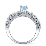 Art Deco 6.2mm Round Aquamarine CZ Beaded Filigree Ring 925 Sterling Silver