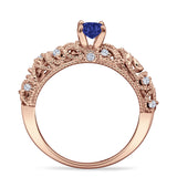 Art Deco 6.2mm Round Blue Sapphire CZ Beaded Filigree Ring 925 Sterling Silver