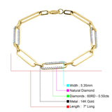 14K Gold 5.35mm Paperclip Link Chain Bracelet Natural Round Diamond