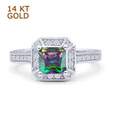 14K White Gold Art Deco Princess Cut Halo Rainbow CZ Ring