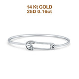 14K Gold 7In Safety Pin Bangle Bracelet 2.02mm Round Natural Diamond